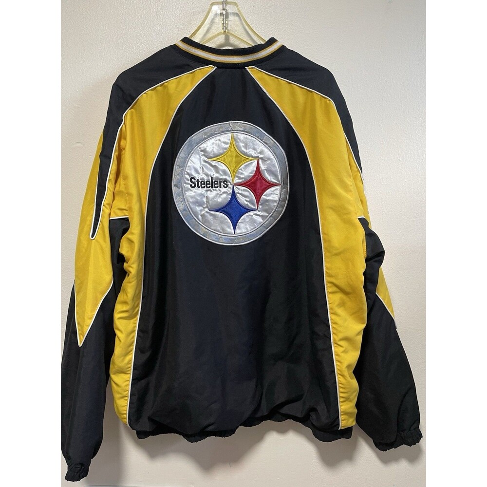 Vtg Pittsburgh Steelers NFL Side Zip Windbreaker Jacket XXL Black Gold Embroide